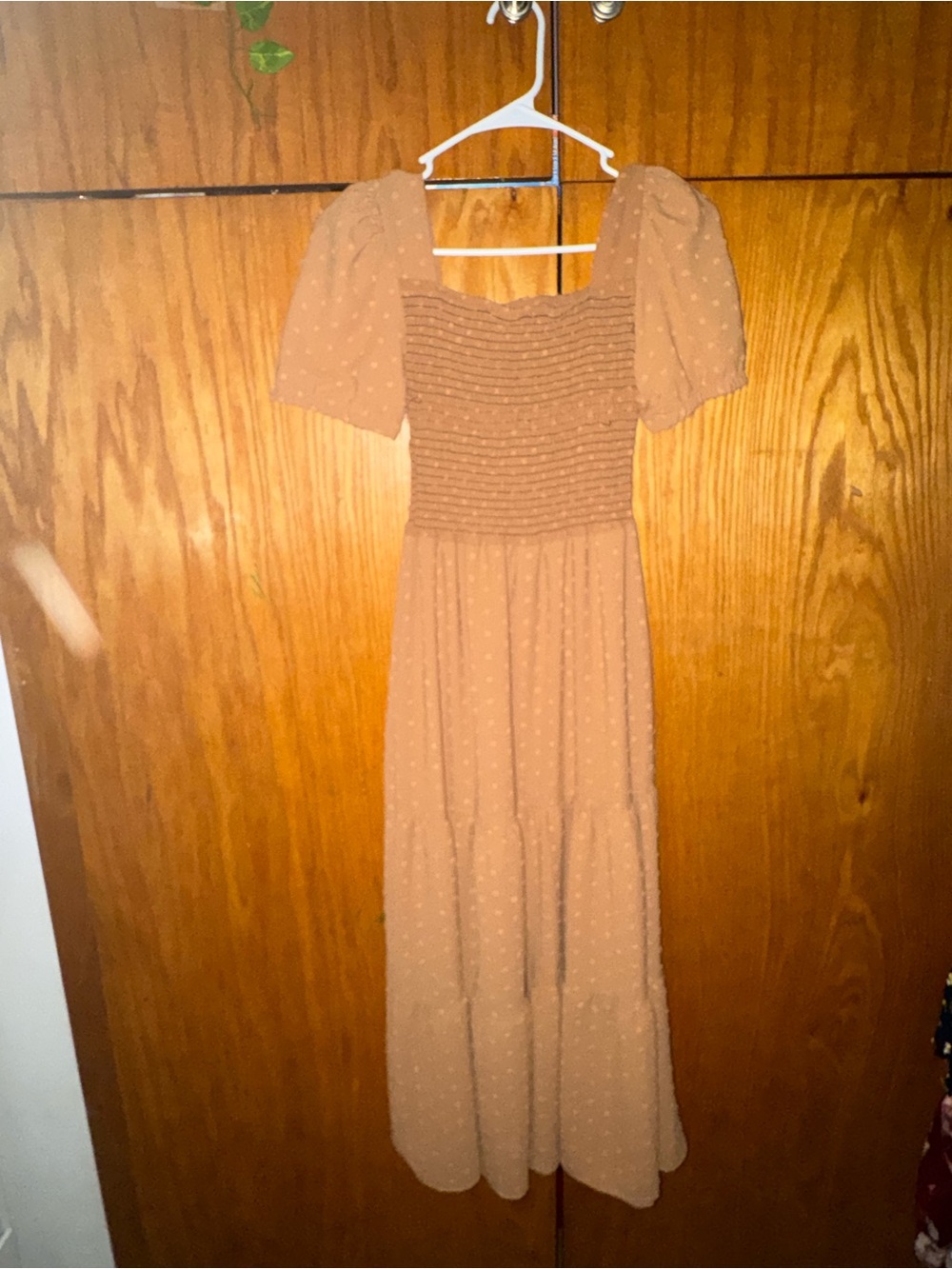 Smocked Puff Sleeve Maxi Dress in Camel